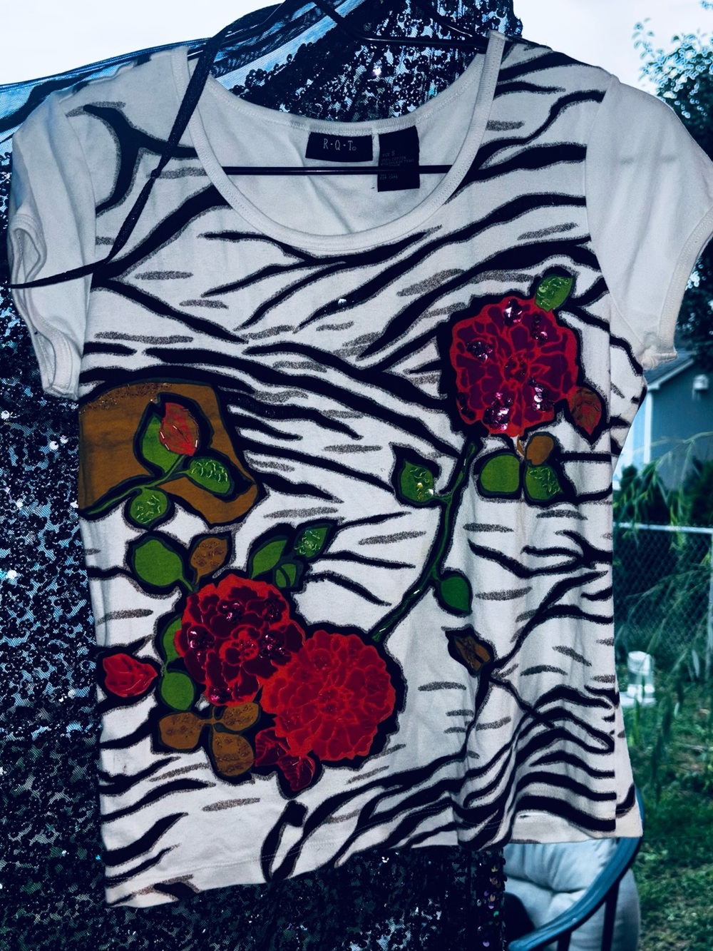 R.Q.T. White Short Sleeve Tee with Red Floral & Zebra Print